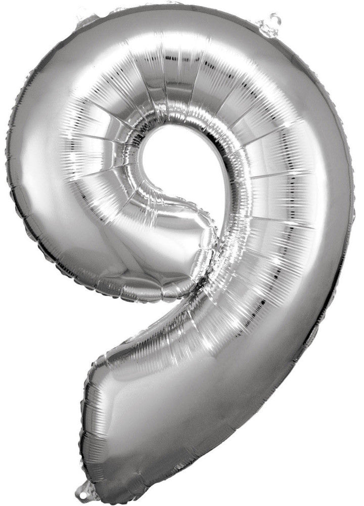 Nummer Silber Riesen-Zahlenfolienballon 9, 83x58 cm