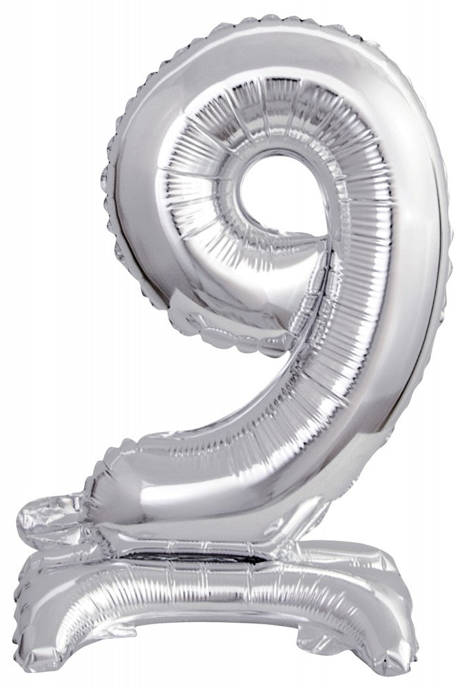 Nummer Silber, Silber Mini-Nummer 9 Folienballon mit Basis 38 cm