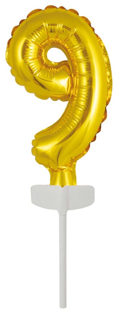 Nummer Gold, Goldene 9 Nummer Folienballon für Torte 13 cm
