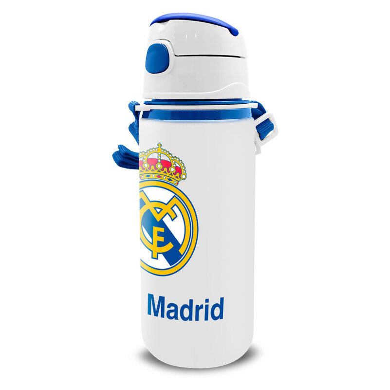 Real Madrid Emblem Aluminium-Trinkflasche mit Strohhalm und Karabiner 600 ml