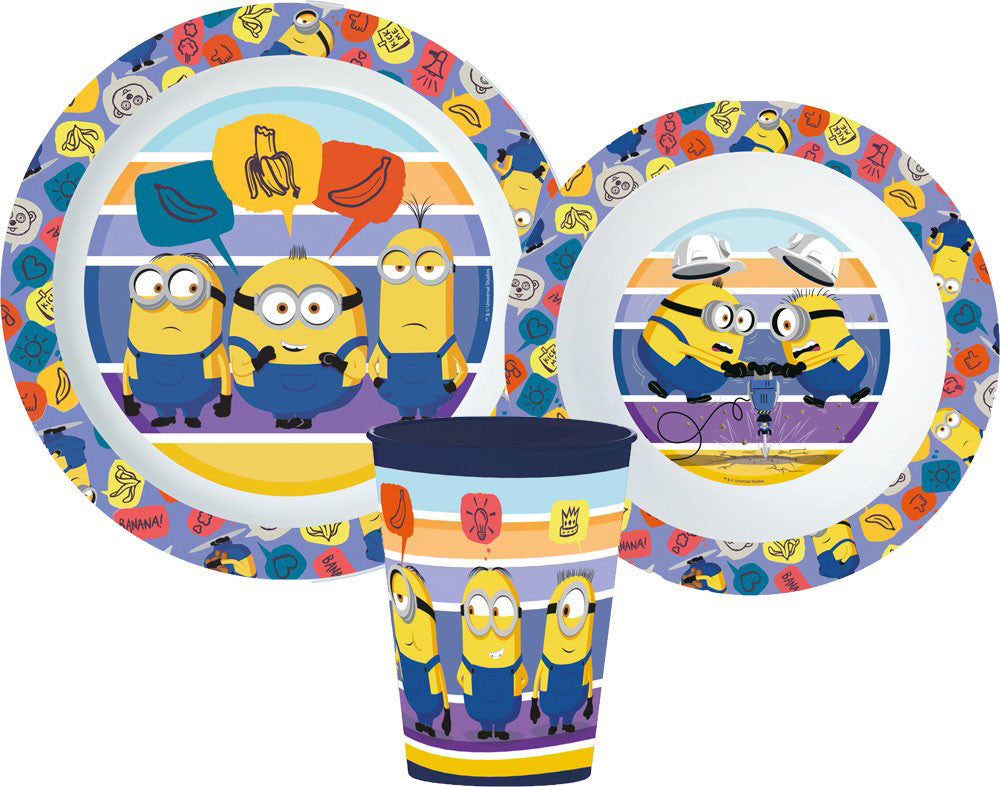Minions Striped Essgeschirr, Mikrokunststoff-Set, mit Becher 260 ml