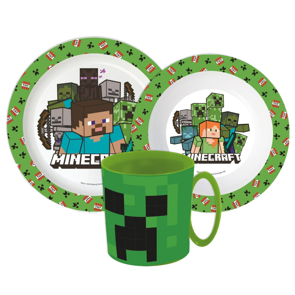 Minecraft Pixelcraft Essgeschirr, Mikrokunststoff-Set mit 390 ml Becher