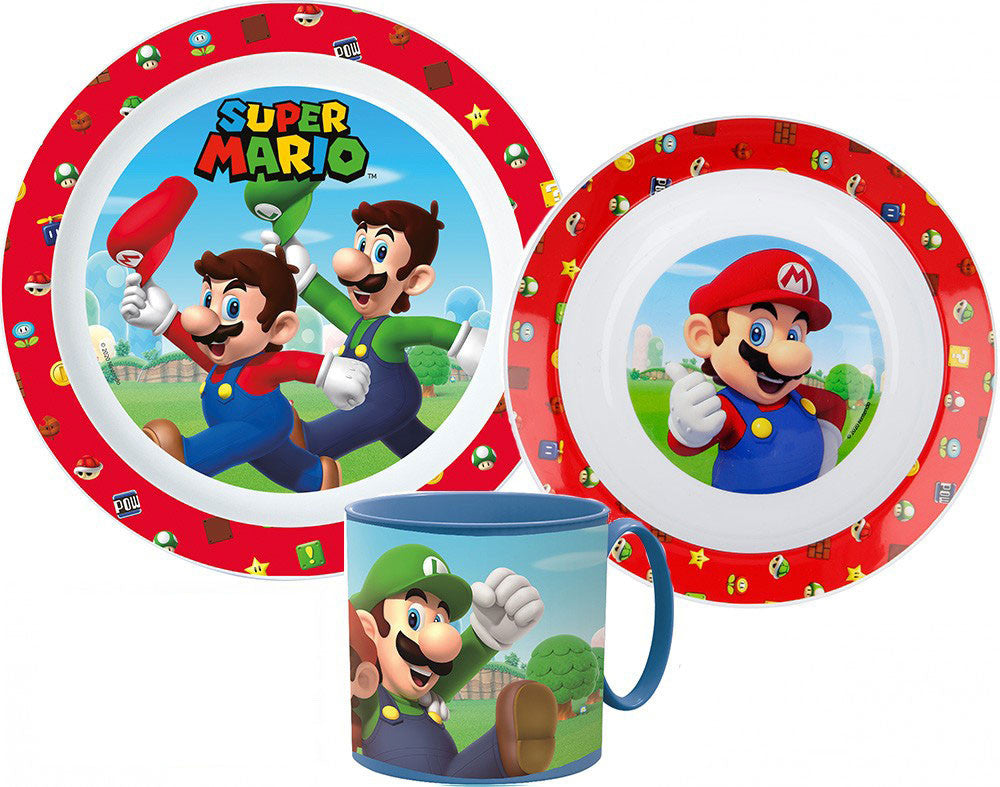 Super Mario Mushroom Kingdom Geschirrset, Mikro-Kunststoffset mit Becher 265 ml