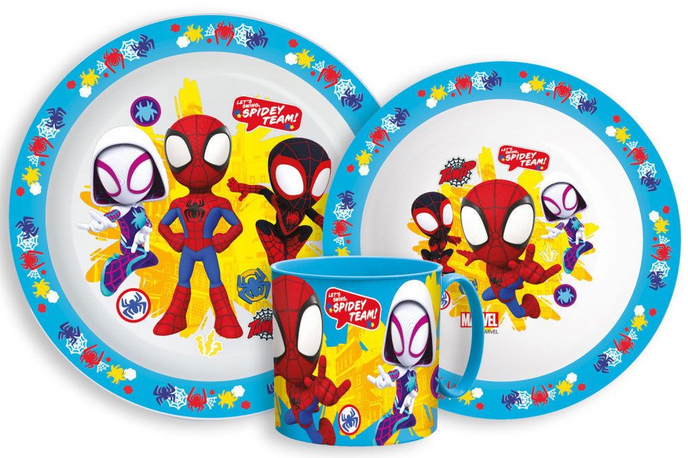 Spiderman Spidey Geschirrset, Mikro-Kunststoff-Set mit Becher 265 ml