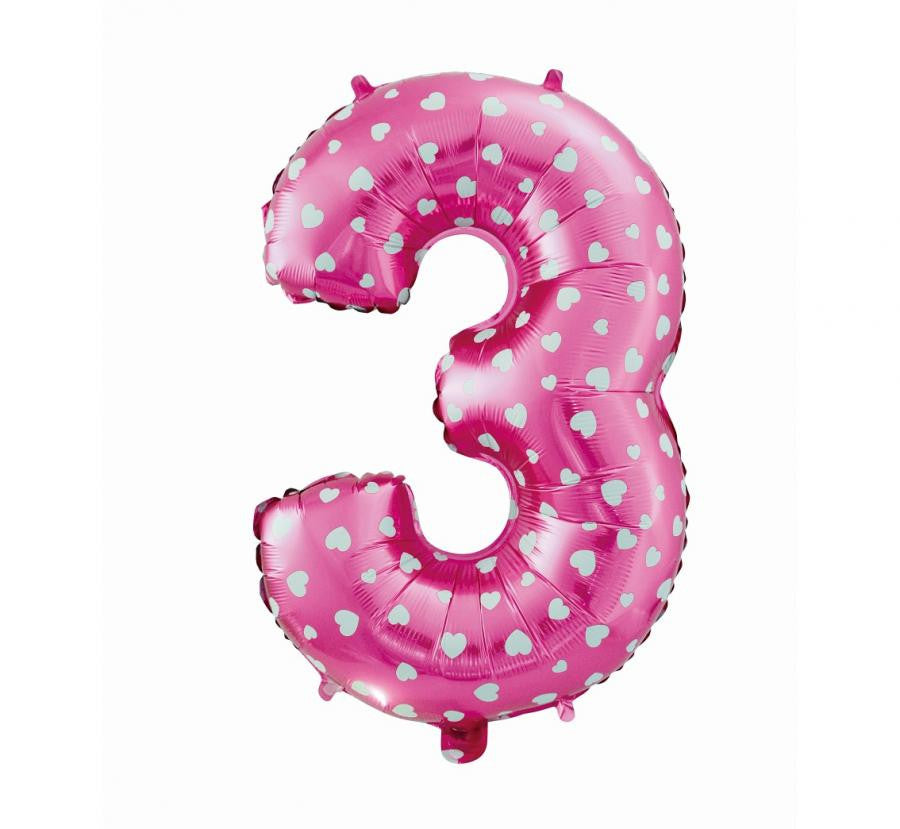Nummer Pink mit Herzen, Rosa 3er Zahlenfolie Ballon 61 cm