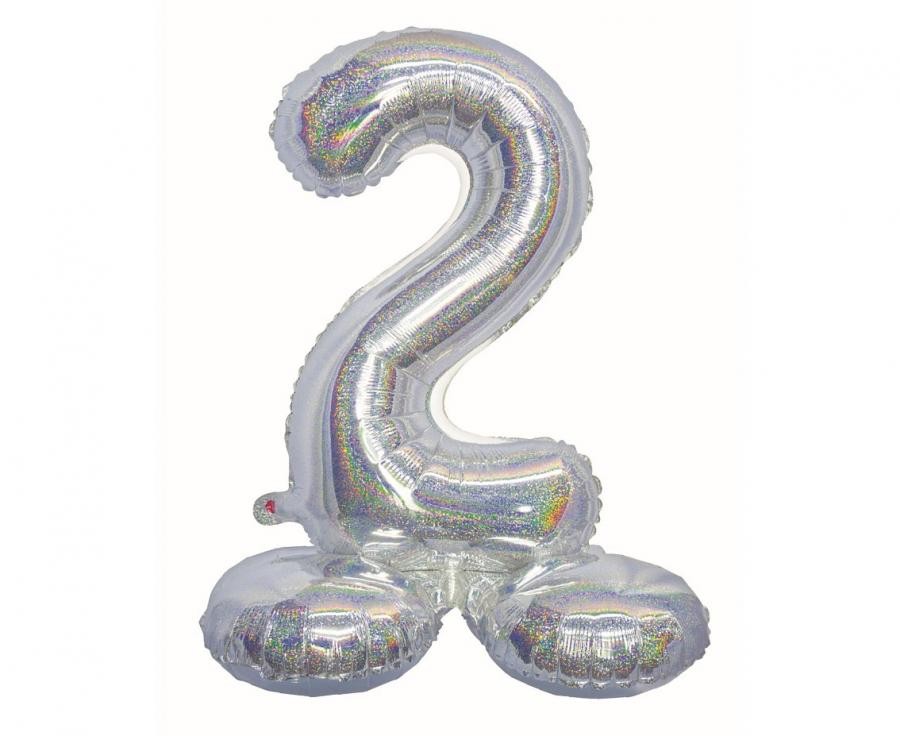 Nummer Holographisch Silber, Silber Nummer 2 Folienballon mit Sockel 72 cm