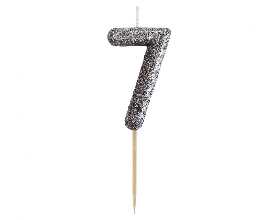 Nummer Glitter Schwarz, schwarze Zahlenkerze, Tortenkerze Nummer 7