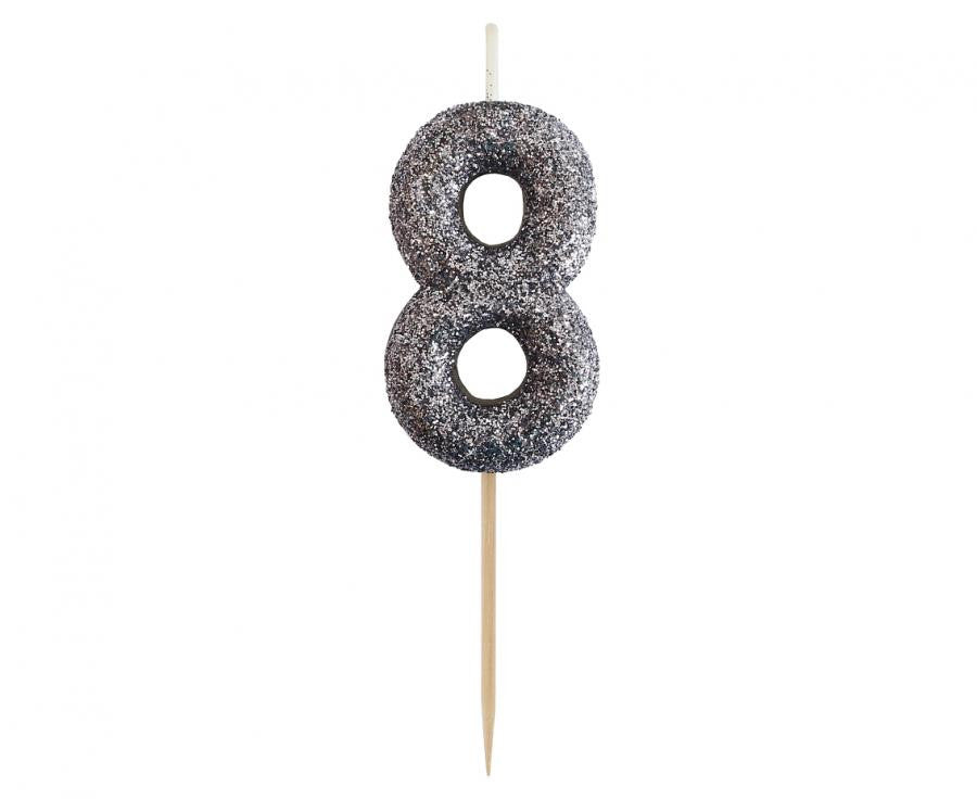 Nummer Glitzer Schwarz, schwarze Zahlenkerze, Geburtstagskerze 8