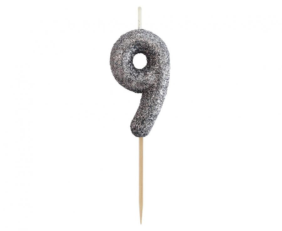 Nummer Glitter Schwarz, schwarze Zahlkerze, Geburtstagskuchenkerze, Nummer 9
