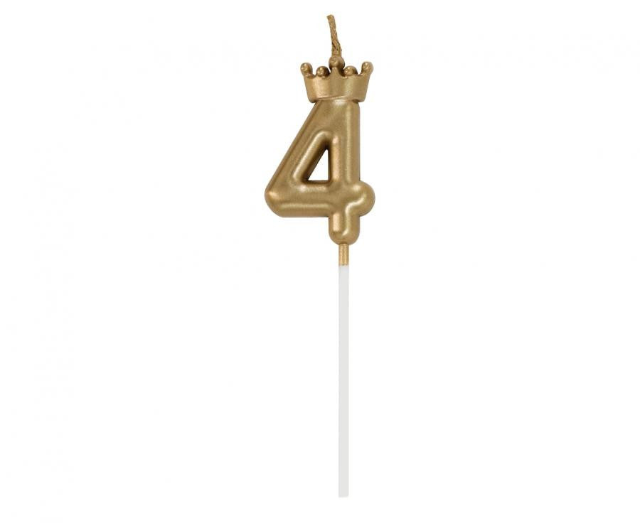 Nummer Champagne Crown Goldene Zahl 4 Kerze, Tortenkerze 6 cm
