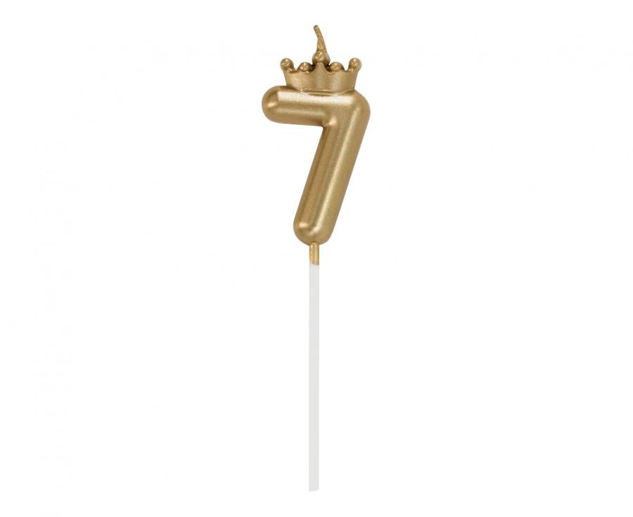 Nummer Champagne Crown Goldene Zahl 7 Kerze, Tortenkerze 6 cm