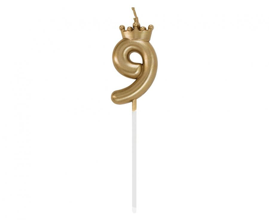 Nummer Champagne Crown Goldene Nummer 9 Kerze, Tortenkerze 6 cm