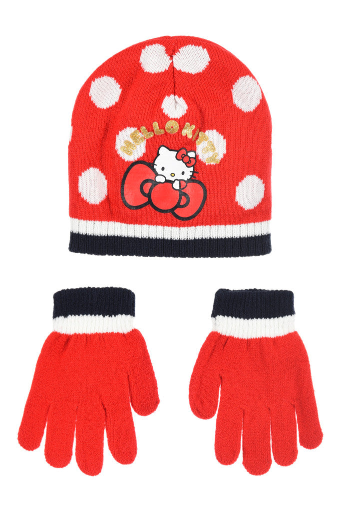 Hello Kitty Cute Dots Red Kinderhut + Handschuh-Set 52 cm