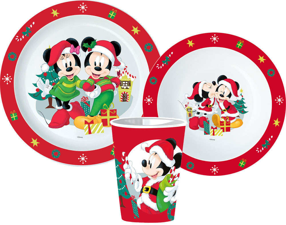 Disney Minnie and Mickey Weihnachtsgeschirrset, Mikrokunststoff-Set, mit Becher 260 ml