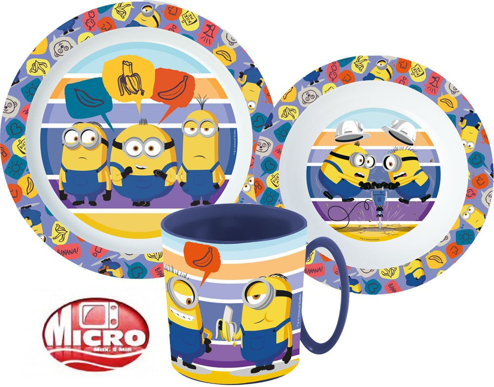 Minions Striped Geschirrset, Mikroplastik-Set mit 350 ml Tasse