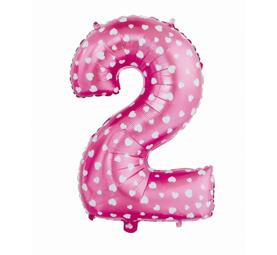 Nummer Pink mit Herzen, Rosa Nummer 2 Folienballon 61 cm