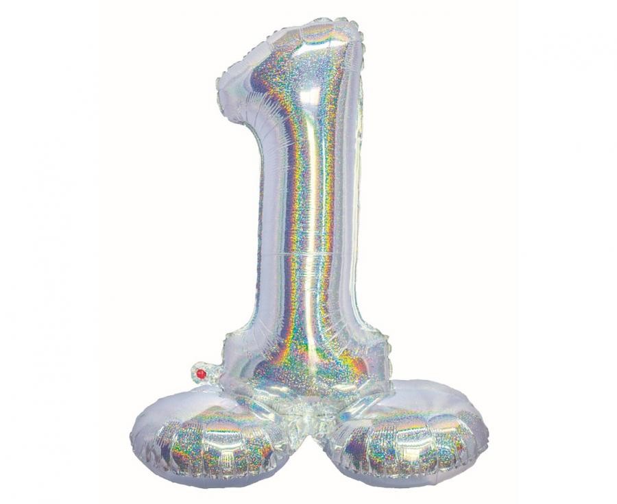 Nummer Holographisches Silber, Silber Nr. 1 Folienballon mit Basis 72 cm