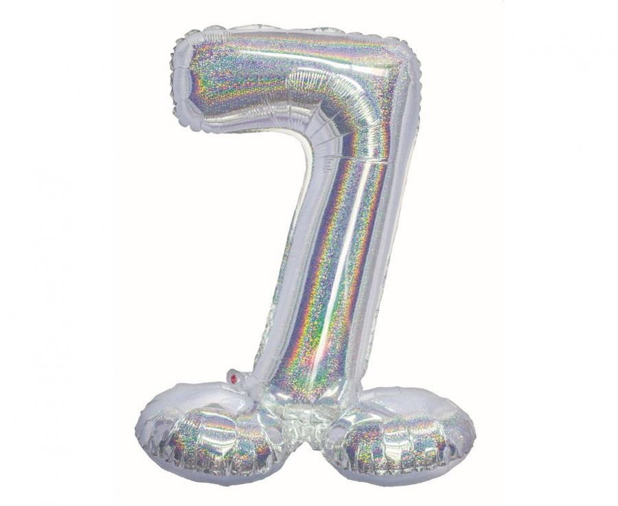 Nummer Holographisches Silber, silberne Zahl 7 Folienballon mit Basis 72 cm