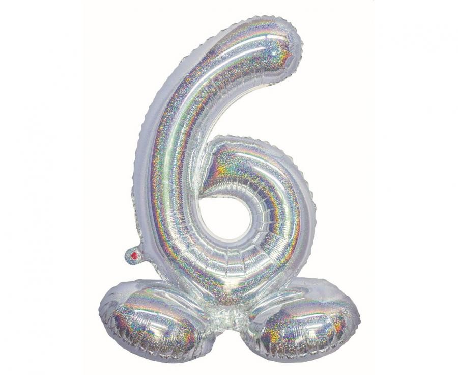 Nummer Holographisches Silber, Silber Nummer 6 Folienballon mit Basis 72 cm