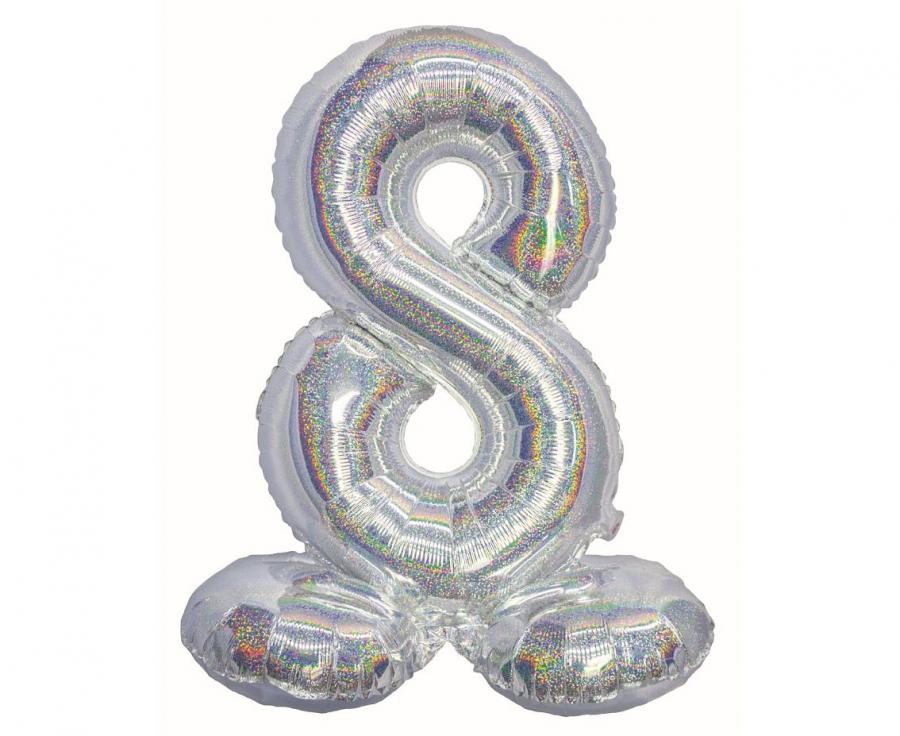 Nummer Holographisches Silber, Silberne 8er Zahlenfolie Ballon mit Basis 72 cm