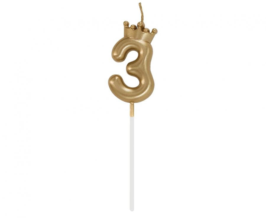 Nummer Champagne Crown Goldene Nummer 3 Kerze, Kuchenkerze 6 cm