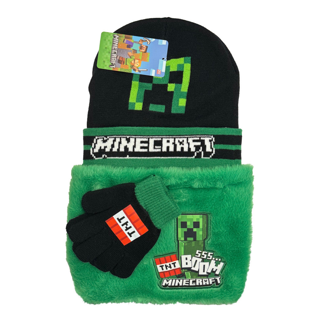 Minecraft Boom Deluxe Kinder Mütze, Schal und Handschuhe Set